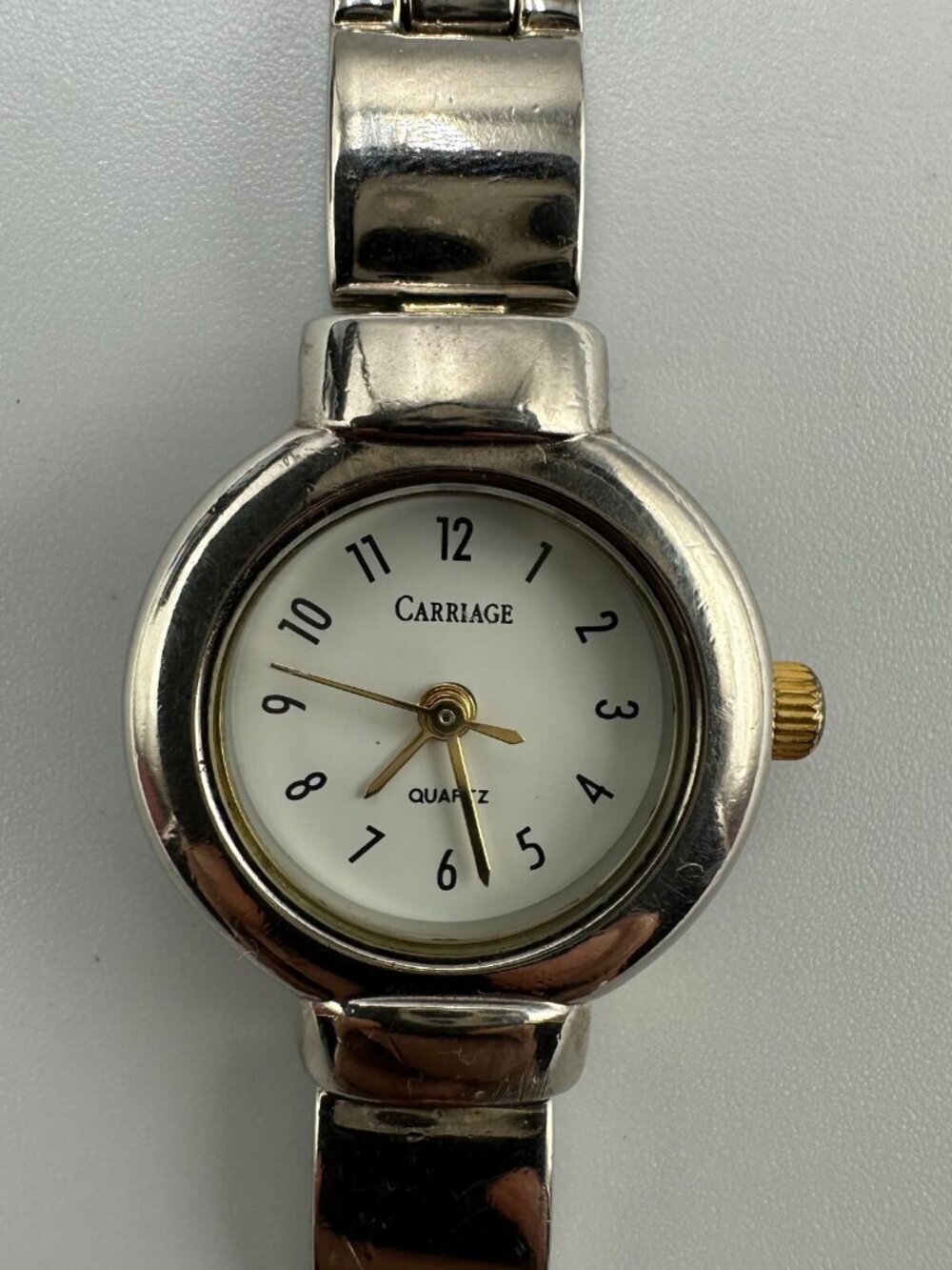 3/$30 Carriage Watch Women Silver Tone White Small Dial 21MM New Battery 6.5"